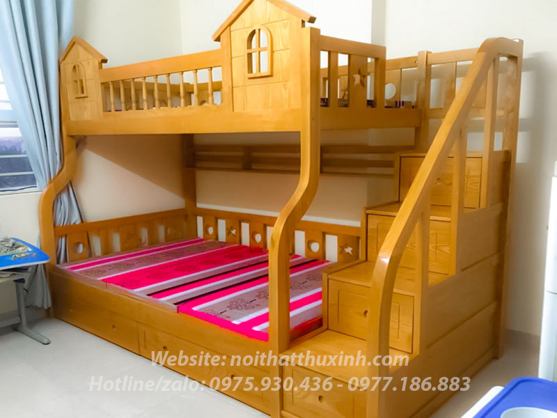 Mẫu giường 3 tầng làm bằng gỗ tích hợp giường kéo